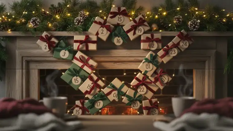 Calendrier de l'avent participatif coloré avec cases numérotées et décorations festives de Noël