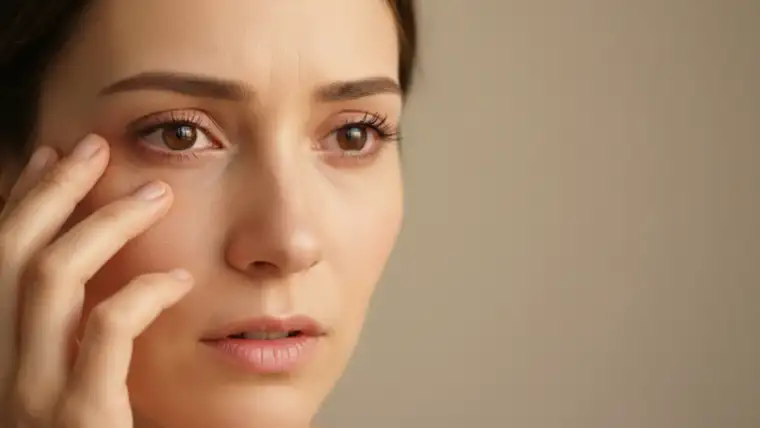 Femme avec allergie maquillage yeux qui pleurent appliquant du mascara hypoallergénique