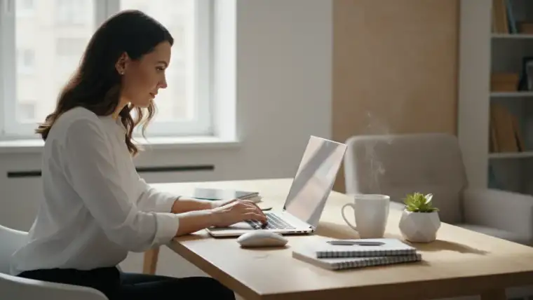 Femme entrepreneuse blogueuse travaillant sur ordinateur illustrant le pouvoir de voir grand en business