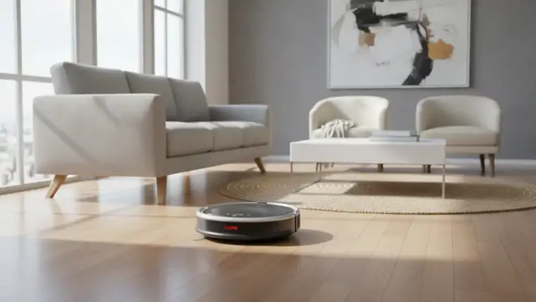 Robot aspirateur Samsung PowerBot VR7000 en action sur parquet moderne