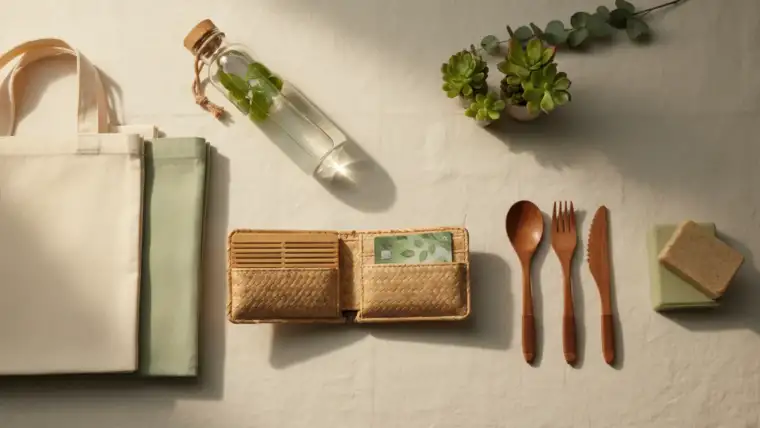 Personne tenant portefeuille et produits écologiques pour consommer consciemment sans craquer budget