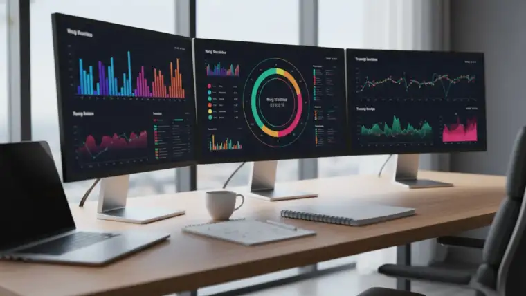 Graphiques et statistiques colorés montrant des chiffres et des blogs avec tableaux analytiques