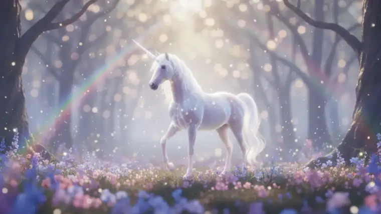 Fond d écran licorne magique colorée avec arc-en-ciel et étoiles scintillantes