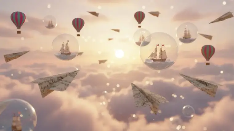 Illustration colorée représentant les rêves les plus fous avec des symboles d'aventure et d'inspiration