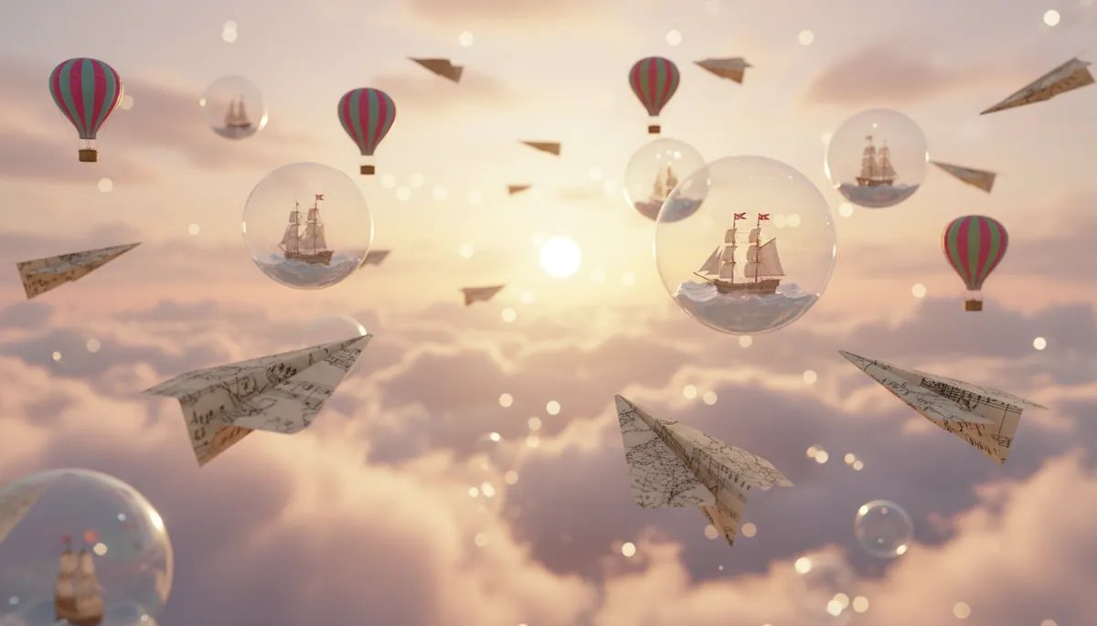 Illustration colorée représentant les rêves les plus fous avec des symboles d'aventure et d'inspiration