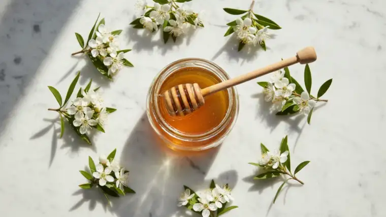 Routine beauté miel de manuka avec produits naturels et résultats avant après sur peau