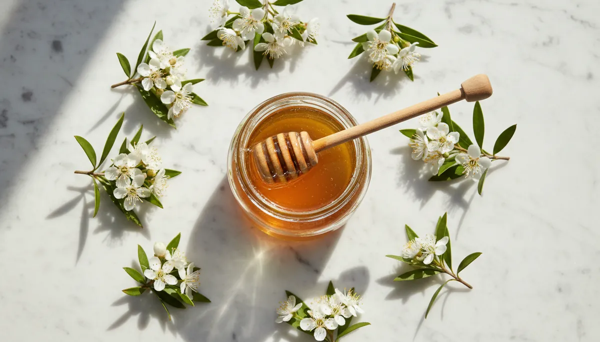 Routine beauté miel de manuka avec produits naturels et résultats avant après sur peau