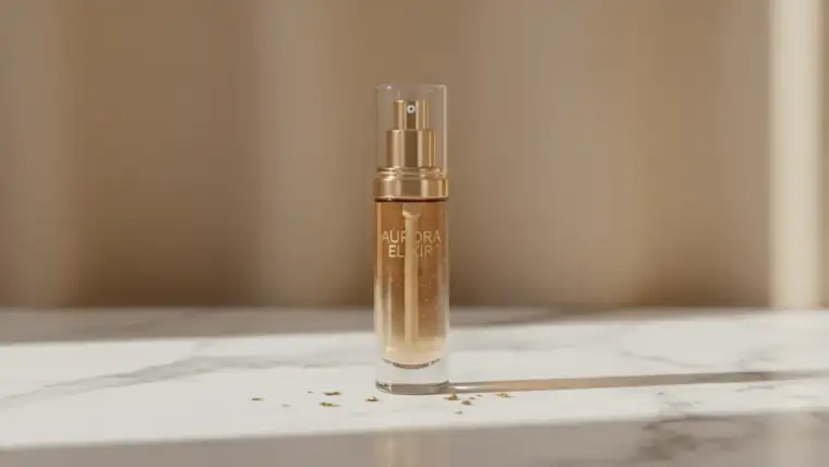 Flacon du serum New Dimension Estée Lauder sur fond blanc avec texture dorée