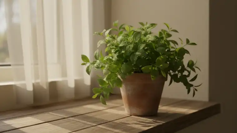 Belle plante verte symbolisant notre âme dans un pot décoratif baigné de lumière naturelle