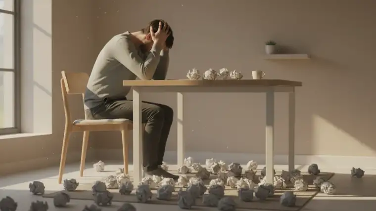 Personne bloquée par ses idées paralysantes cherchant des solutions pour retrouver son élan