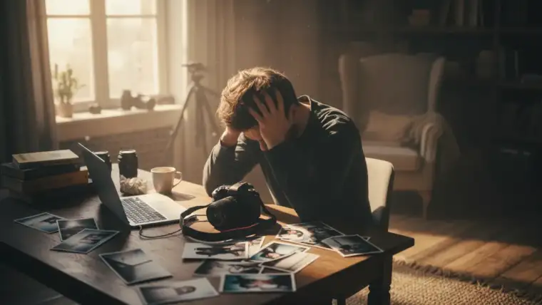 Femme regardant ses photos avec sentiment d'être nulle devant son appareil photo