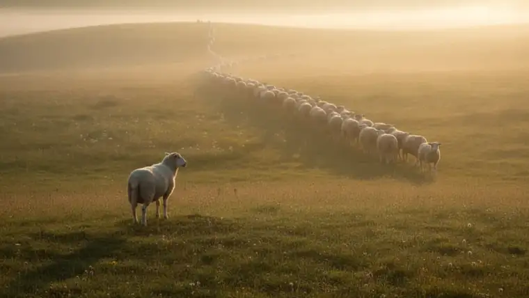 Illustration de moutons suivant aveuglément leur berger, métaphore du comportement grégaire humain