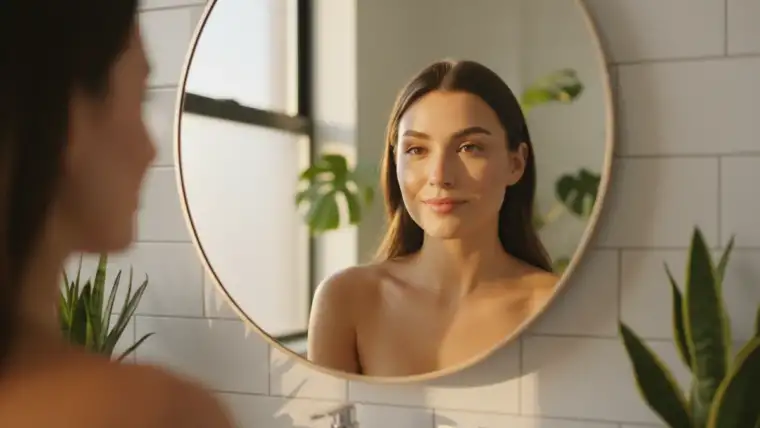 Femme appliquant achillée millefeuille sur visage pour traiter acné naturellement